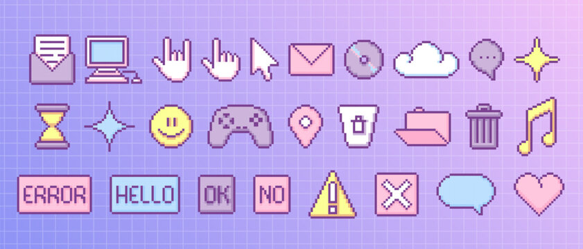 Y2k retro pixel game icons in cute style - computer and hand cursors, mail envelope and CD, cloud and smile, gamepad and music note stickers. Vector art set with 90s interface or nostalgic designs.