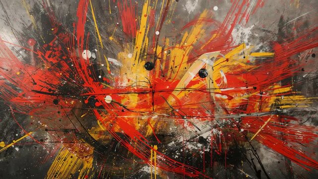 Zooming camera revealing centered abstract canvas at studio wall, highlighting red yellow strokes