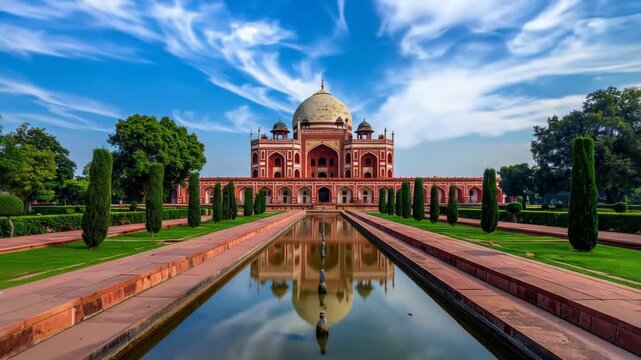 Stunning View of Humayun's Tomb with Reflecting Pool and Lush Gardens in India