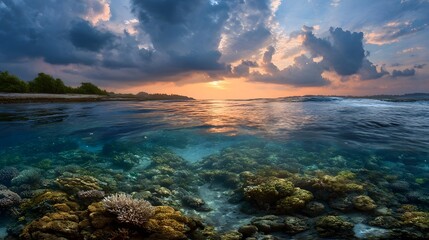 Split view of a vibrant coral reef beneath a dramatic sunset sky with stormy clouds over the ocean