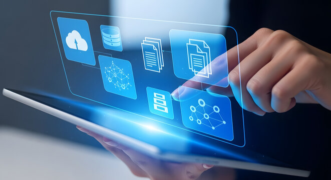 Hand holding a digital touchscreen tablet displaying an app icon for business communication on the internet