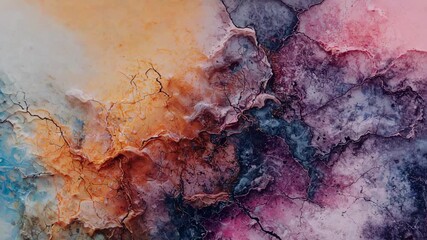 Panning camera revealing textured abstract painting in art studio, showing blue orange purple pink - Powered by Adobe