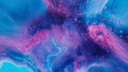 Flowing abstract fluid shifting and blending in macro, with teal, magenta plume, purple core, dots - Powered by Adobe