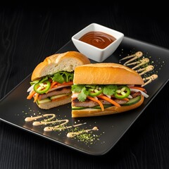 Banh mi style sandwiches placed on a plate on a dark wooden table showing a warm Asian culinary