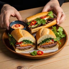 Neatly placed Banh mi sandwiches on a wood plate displaying a bright Asian arrangement