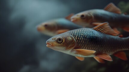 Fototapeta premium Three fish swim together in dark moody underwater lighting their scales catching a subtle shimmer