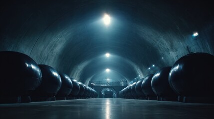 Dark arched industrial interior with spherical objects and overhead lighting