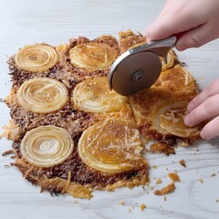Crispy 2 ingredient onion chips sliced with a cutter on a board in a kitchen setting
