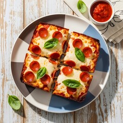 Detroit style pizza viewed from above showing cut slices with beautifully melted toppings