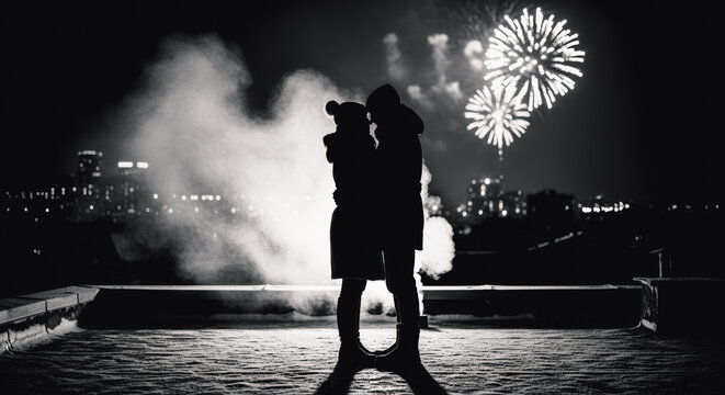 An intimate silhouette of a couple embracing intimately against the backdrop of vibrant fireworks, a timeless moment of love and celebration beneath a starlit night.