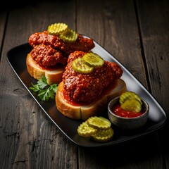 Nashville hot chicken on toast on a dark plate with flavorful rustic food presentation