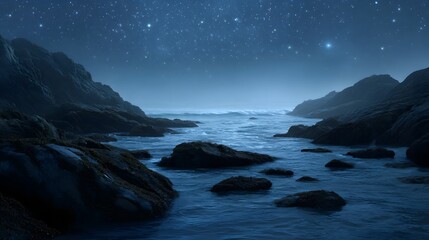 A serene rocky coastline under a vast star filled night sky with gentle waves lapping the shore and a touch of mist