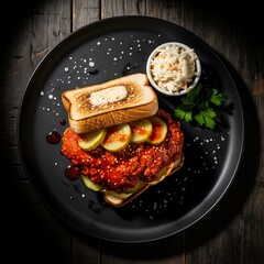 Nashville hot chicken served with toast on a dark plate on a black wood table