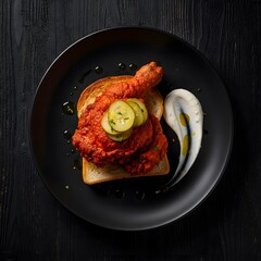 Nashville hot chicken placed with toast on a dark plate on a black wood table