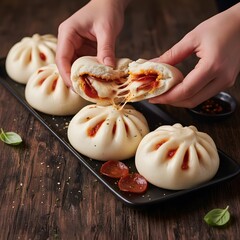 Pepperoni pizza bao buns are shown split open with warm melted filling on a black plate