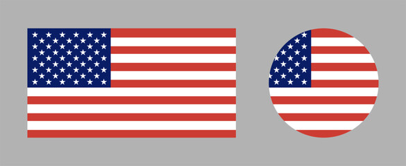 Fototapeta premium United States of America circular flag button, background, stickers. American flag rectangle, circle icons. U.S. flag rounded badge. National round, rectangular flag set of the United States.