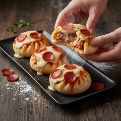 Pepperoni pizza bao buns are arranged split open showing soft dough and melted filling