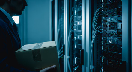 A tech professional carefully examines a cardboard box, standing amidst a network of server racks, highlighting the precision required in the digital age.