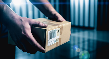 A delivery person's hands delicately hold a parcel, embodying the essence of efficient shipping and reliable distribution.