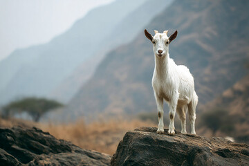 Mountain goat standing confidently on rocky terrain in a farm setting Generative AI