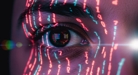 An eye gazing towards a future. A striking visual composition, featuring a human eye overlaid with streams of binary code and digital data.