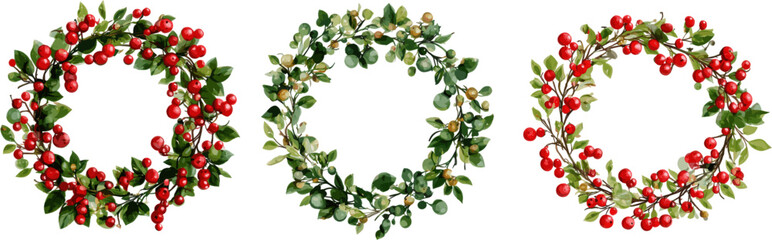 Fototapeta premium 3 sets of mistletoe wreaths with berries in different patterns and colors isolated on a white background. Clip art style decorations