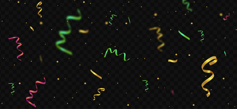 Colorful confetti ribbon pattern on a dark transparent background