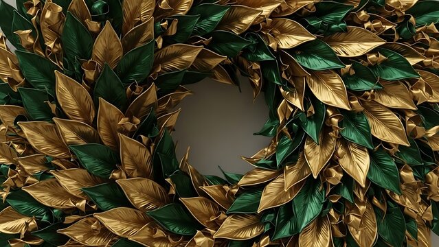 Elegant holiday wreath with gold and green leaves for festive decoration - Powered by Adobe