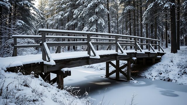 Wooden bridge covered in fresh snow crossing a frozen stream in a dense winter forest landscape - Powered by Adobe