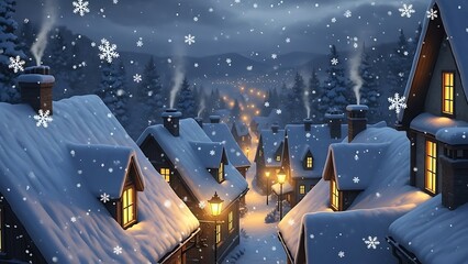 Magical winter village scene with snow falling on cozy rooftops and warm glowing lights
