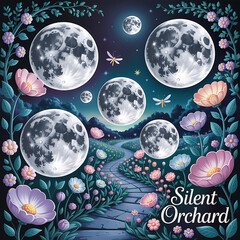 Dreamy Moonlit Pathway Through Quiet Orchard