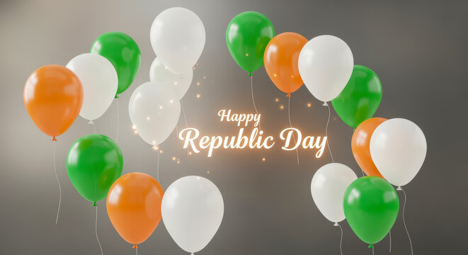 Happy Republic Day celebration with Indian flag colored balloons arranged in a circle.