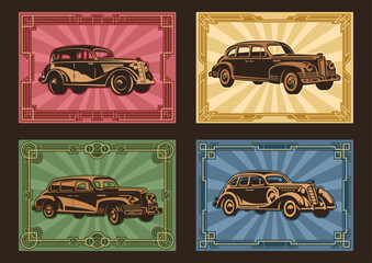 1930s - 1940s Cars, Retro Cars Poster Set, Art Deco Frames, Classic Automobiles, Old Color Palette