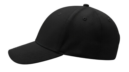 Fototapeta premium Black baseball cap isolated PNG on transparent background, classic headwear for sports and casual fashion