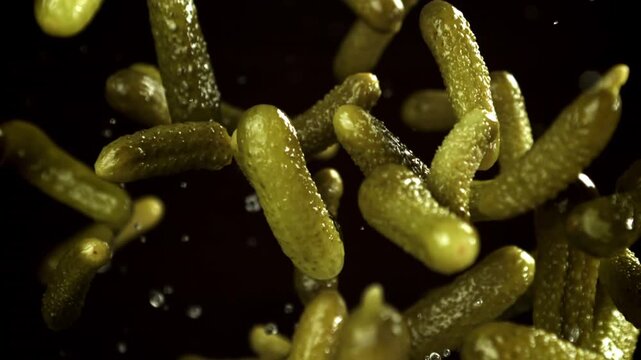 Pickled cucumbers fly and fall on a black background. Filmed on a high-speed camera at 1000 fps. High quality FullHD footage