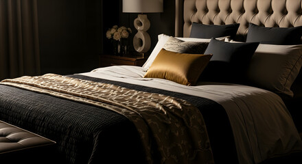 Elegant Bedroom Interior Design with Luxurious Bedding and Accent Pillows in Warm Lighting