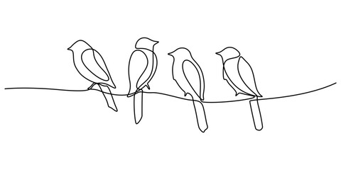 Abstract birds on branches continuous one line drawing. Bird silhouettes of birds one line art. Vector illustration for minimal poster, Bird Perched on Branch Minimalist Line Art, Birds on branch back © line drawing