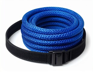 Coiled Blue Synthetic Rope with Buckled Strap for Storage