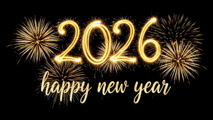 2026 Sparkler Text with Golden Fireworks, Happy New Year Celebration Graphic