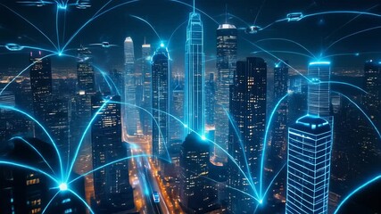 City skyline with digital network overlay showcasing modern technology - Powered by Adobe