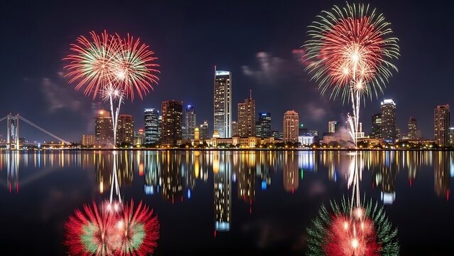 Spectacular fireworks display over city skyline reflected in water at night - Powered by Adobe
