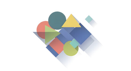 A composition of geometric shapes such as circles, squares, and triangles in pastel colors that overlap each other. Gives a modern, minimalist, and artistic impression. 