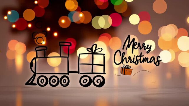 A drawing of a whimsical toy train chugs joyfully from right to left, followed by a "Merry Christmas" wish text and gift boxes, with a festive, blurred backdrop bursting with Christmas colors
