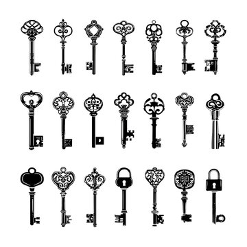 Set of 21 vintage skeleton keys silhouette icons isolated PNG with Transparent Background