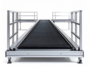 Industrial Conveyor Belt System with Metal Railings and Adjustable Support Legs for Controlled Transport
