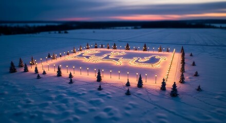 Aerial view of reindeer lights display on snow covered ground surrounded by trees and street lamps