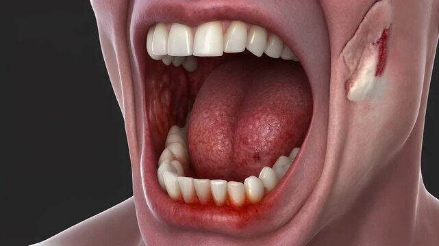 3D Render of Open Mouth with Tongue Teeth and Bleeding Gums Oral Injury Medical Illustration

