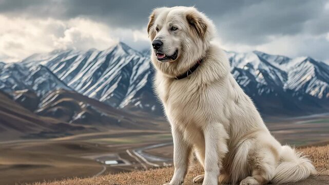 A white Alabai dog sits calmly on a hillside with snowy mountains in the background under a cloudy sky.