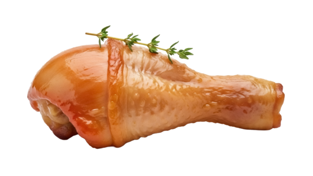 Roasted chicken drumstick isolated PNG, golden brown poultry leg with thyme garnish on transparent background for food design and culinary projects