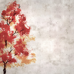textured stylish old paper background, square,  with autumnal tree illustration